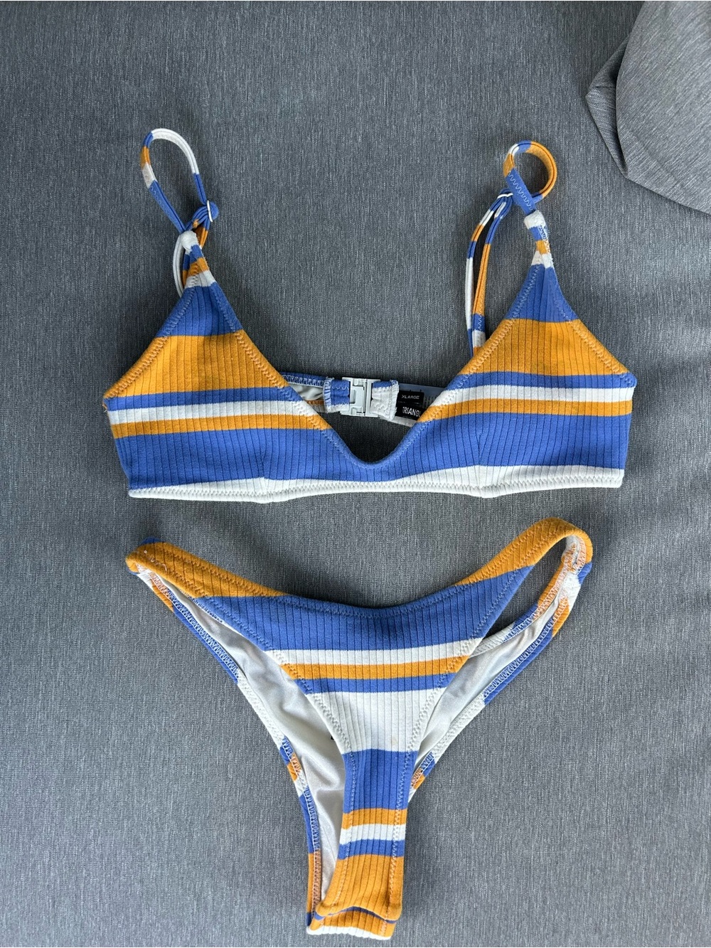triangl swimwear Blue, Mustard & White Striped Ribbed Bikini